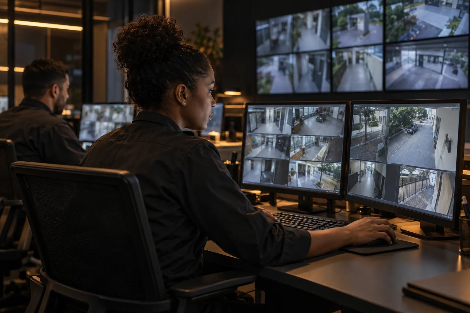 Cena ilustrativa de operadores acompanhando câmeras em uma central de monitoramento