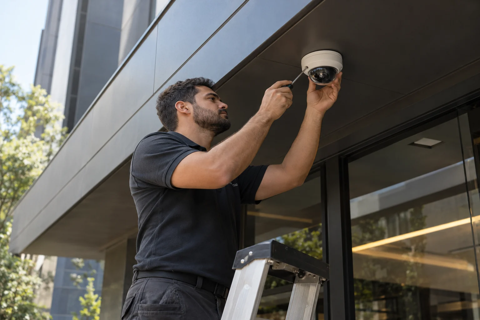 Cena ilustrativa de técnico instalando uma câmera de segurança